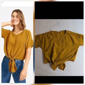 Everlane The Cupro Tie Front Short Sleeve Blouse Golden Mustard Brown 4